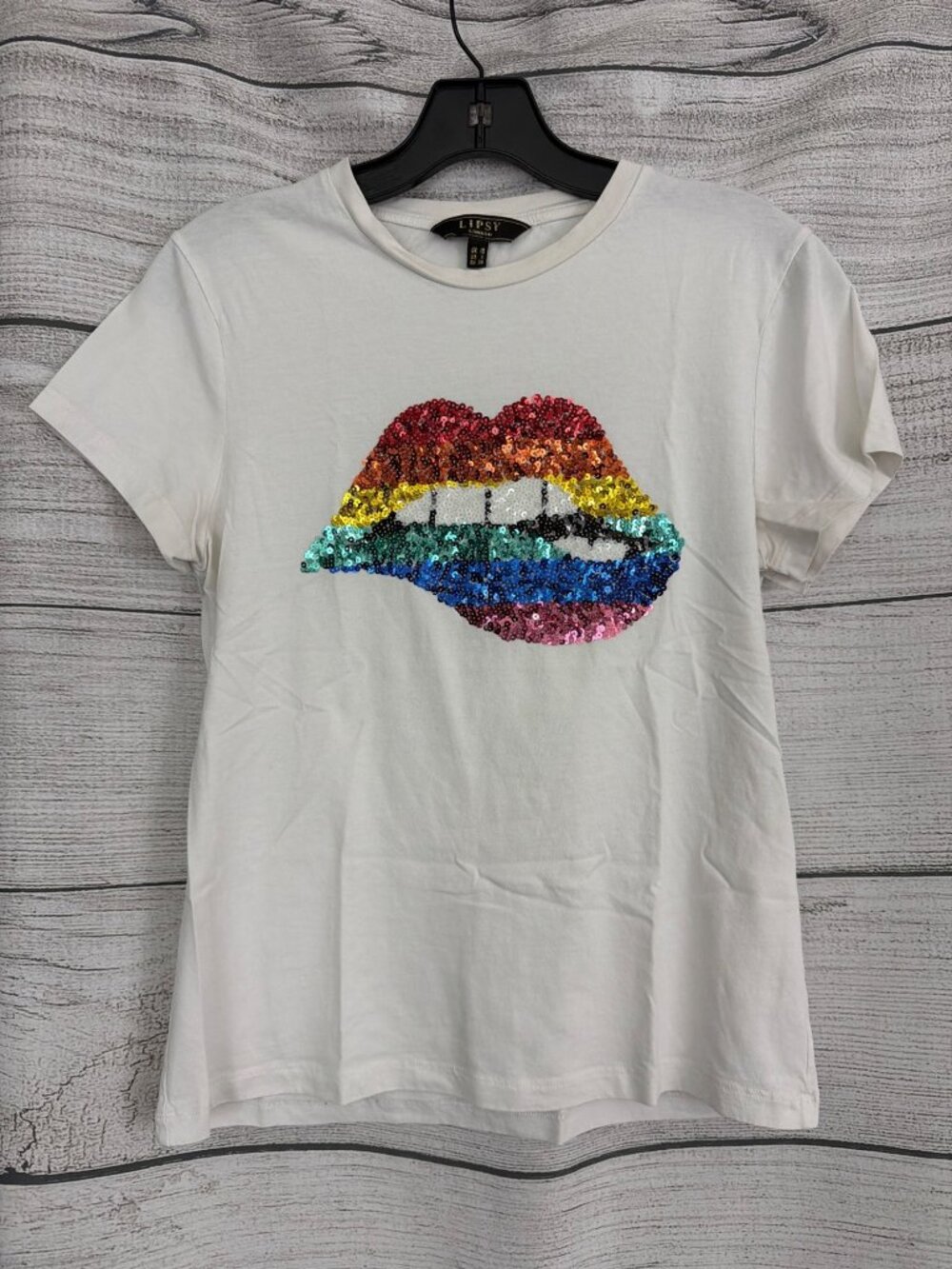 Lipsy London White Tee With Sequin Rainbow Lips Size US 6